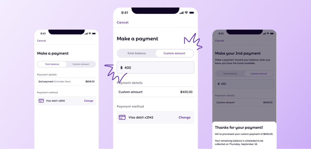 a screen to make a payment highlighting a custom input